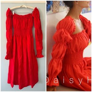Red Off-Shoulder Linen Maxi Dress with Pockets (M)